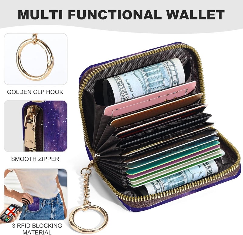 Luoycxy Credit Card Holder for Women,Small Rfid Wallet with Keychain Zipper,Cute PU Leather Card Case Wallet，Accordion Credit Card Wallets Gift,Purple Starry Sky - Image 2